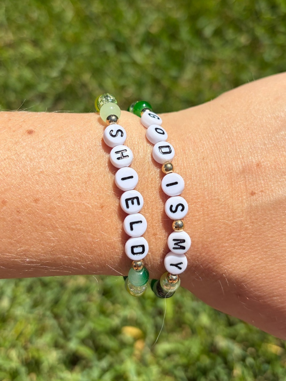 {Handmade} Green Beaded "God is My Shield" Bracelet Set